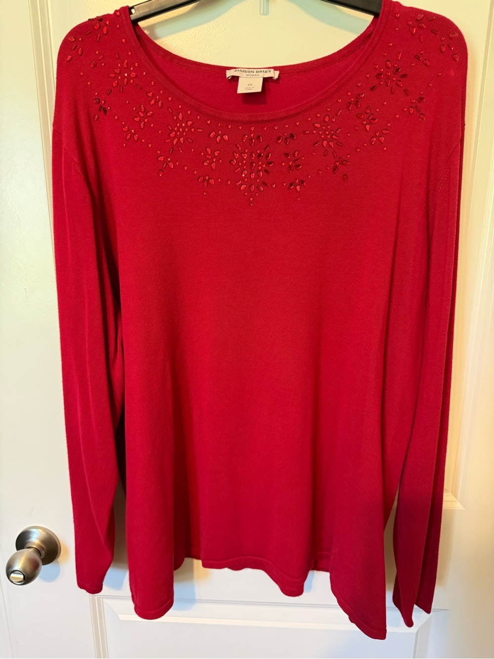 Allison Daley Red Long Sleeve Scoop Neck Top with Bead Accents